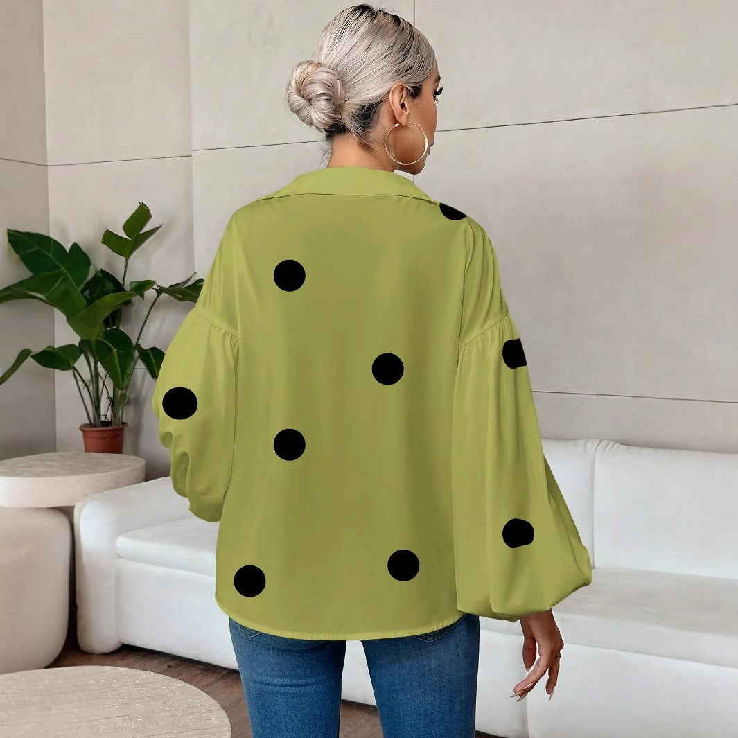 French Polka Dot Half-Open Collar Puff Sleeve Top