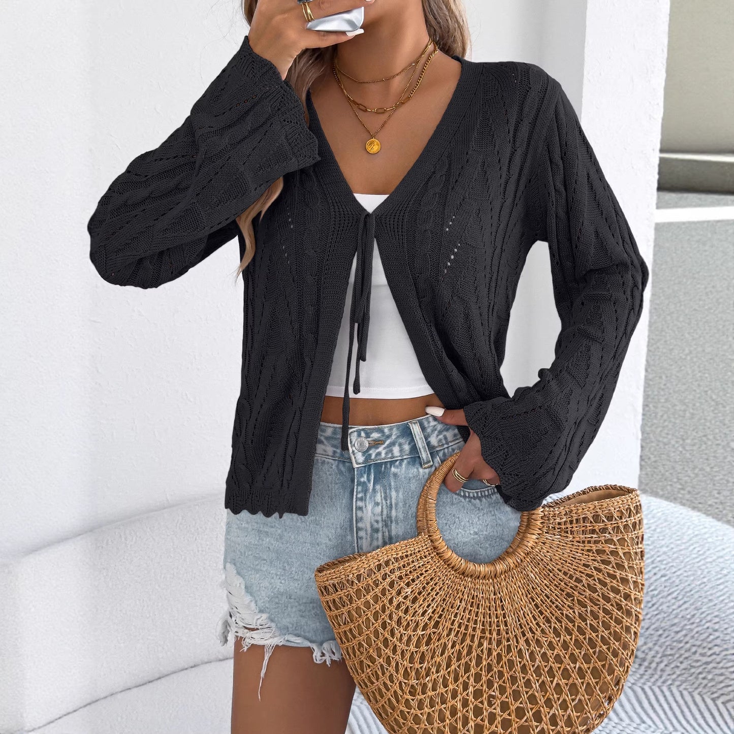 Women Tie Front Open Knit Bell Sleeve Cardigan