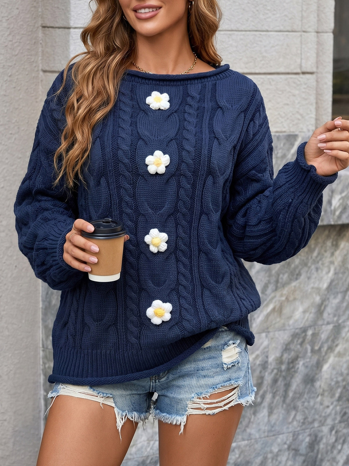 Women's Crochet Floral Sweater Off Shoulder Lantern Sleeve