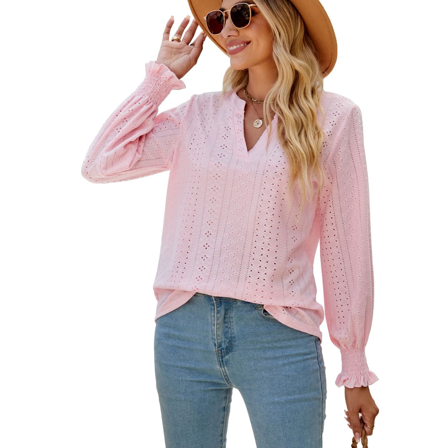Eyelet V Neck Ruffle Sleeve Casual Long Sleeve Blouse