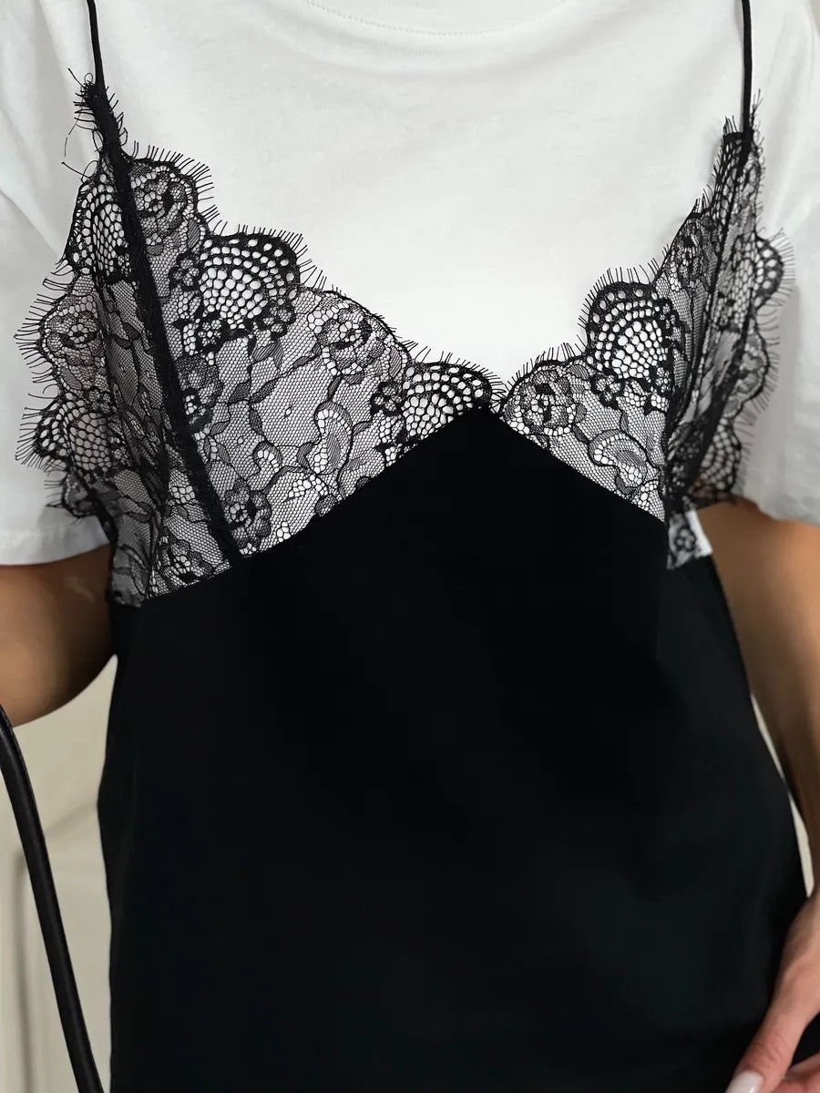 Lace Patchwork Cotton T Shirt Trendy Layered Loose Fit