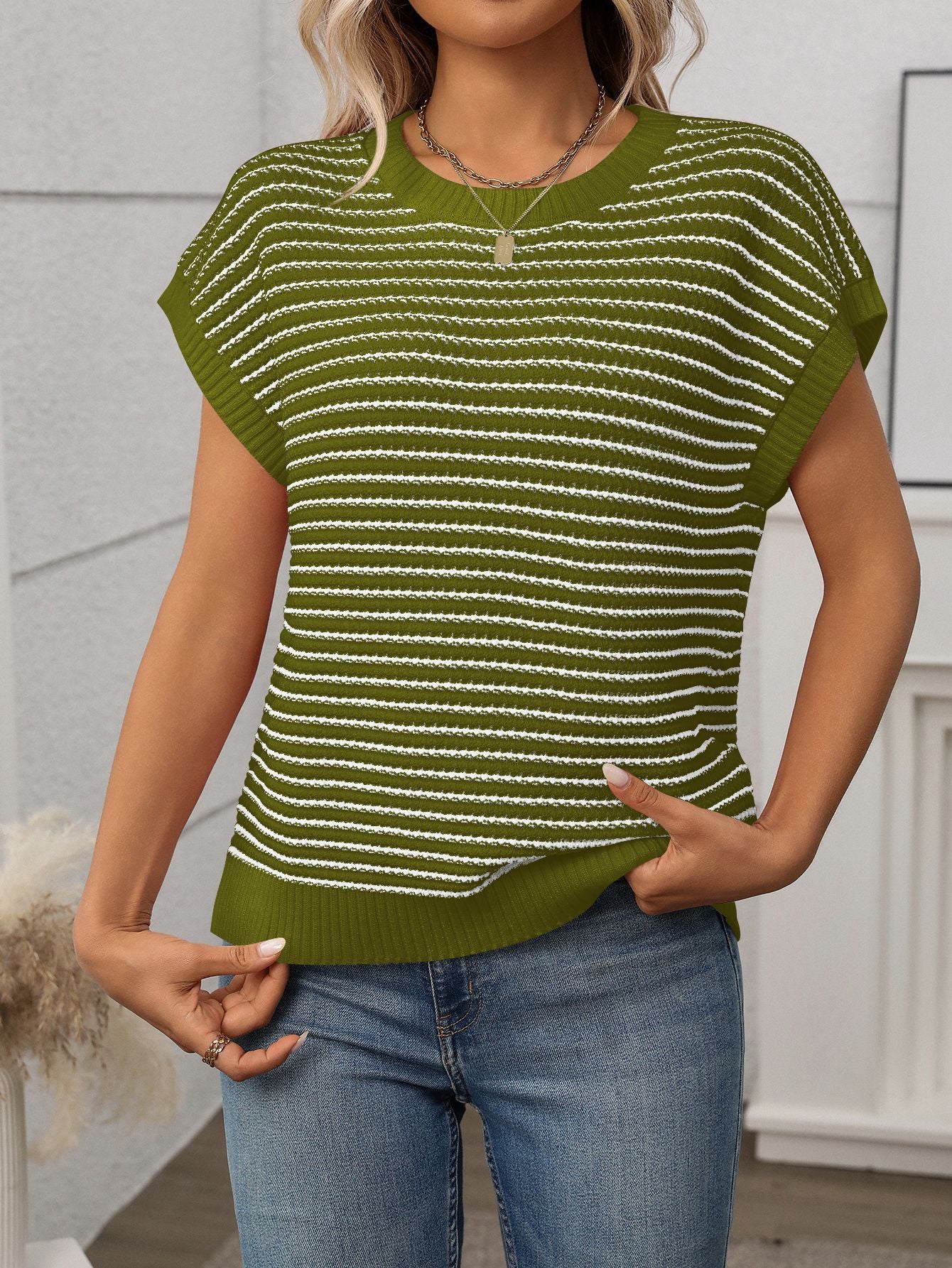 Red Stripe Lightweight Knit Short Sleeve Sweater Top