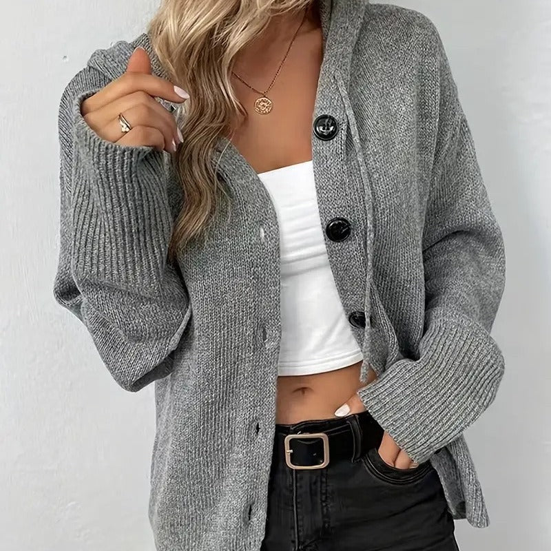 Solid Hooded Knit Cardigan Button Front Relaxed Fit