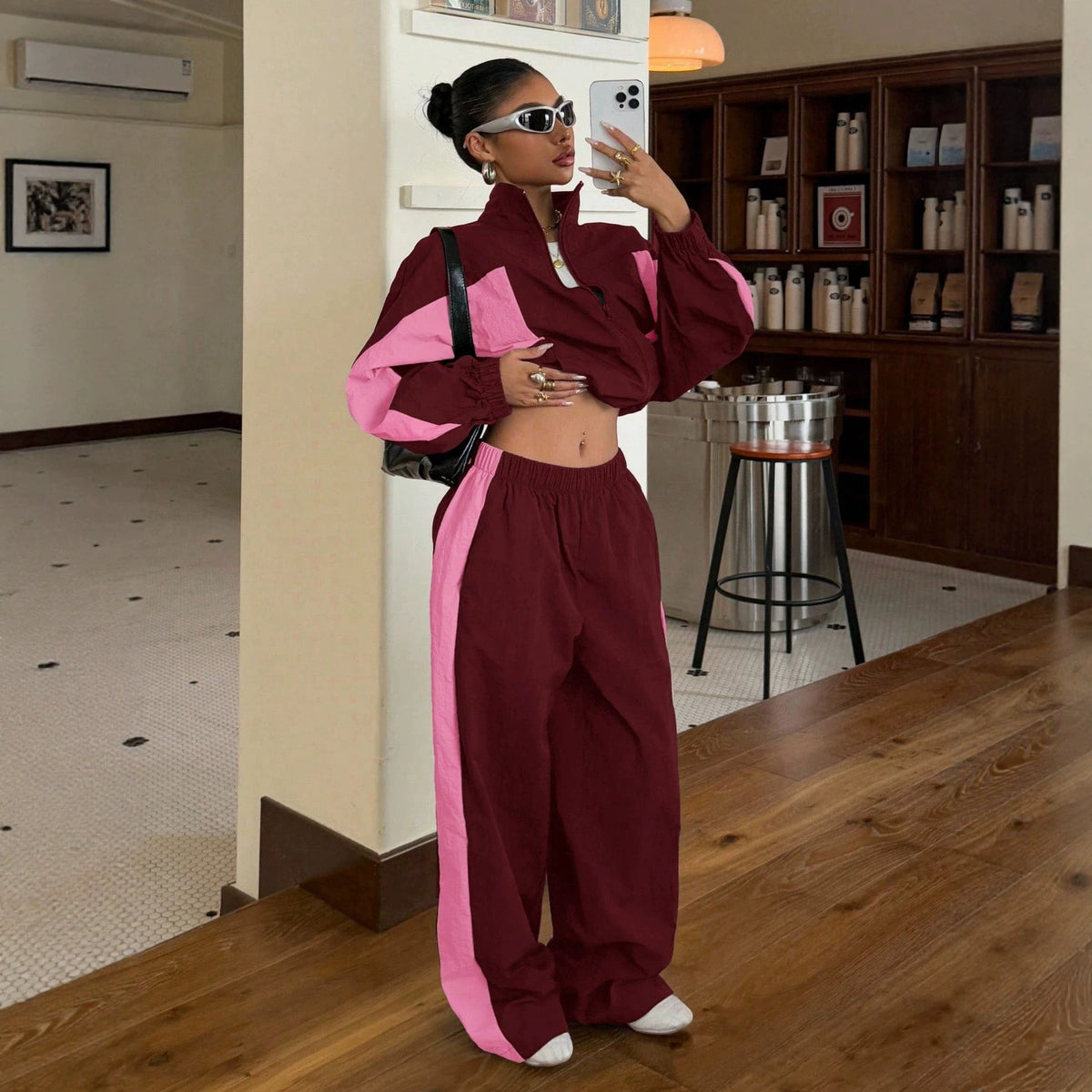 Color Block Half Zip Crop Top Wide Leg Pants Two Piece Set