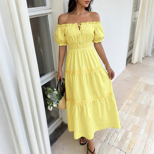 Solid Woven Maxi Dress Resort Smocked Puff Sleeve