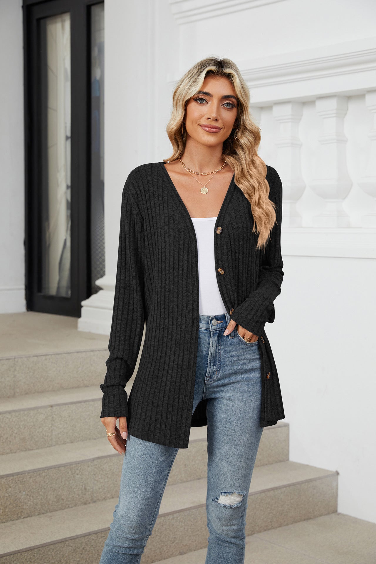 Solid Color Long Sleeve Button Cardigan Knitted