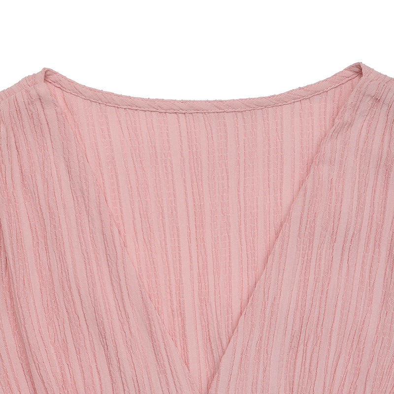 Women's Pleated Short Puff Sleeves Summer Midi Dress