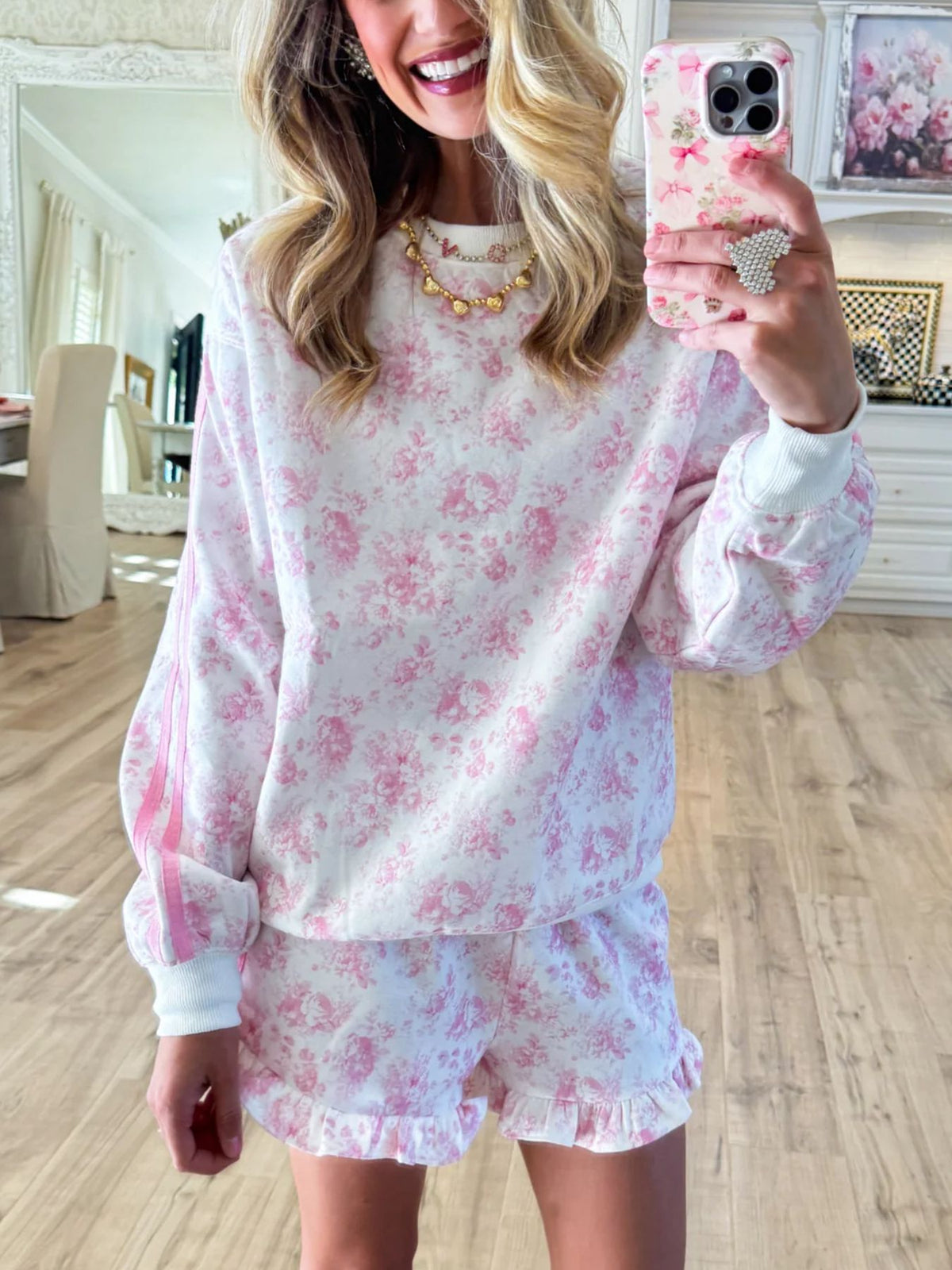 Women's Floral Sweatshirt & Ruffle Shorts Lounge Set