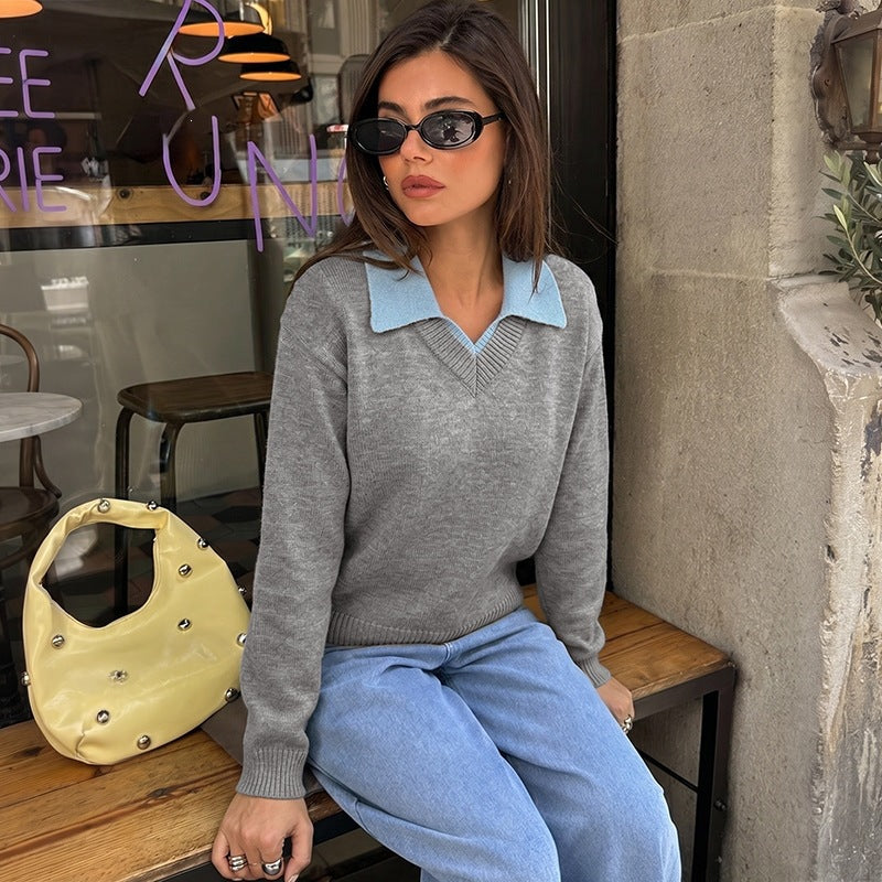 Women's Collared Layered Color Block Knit Sweater