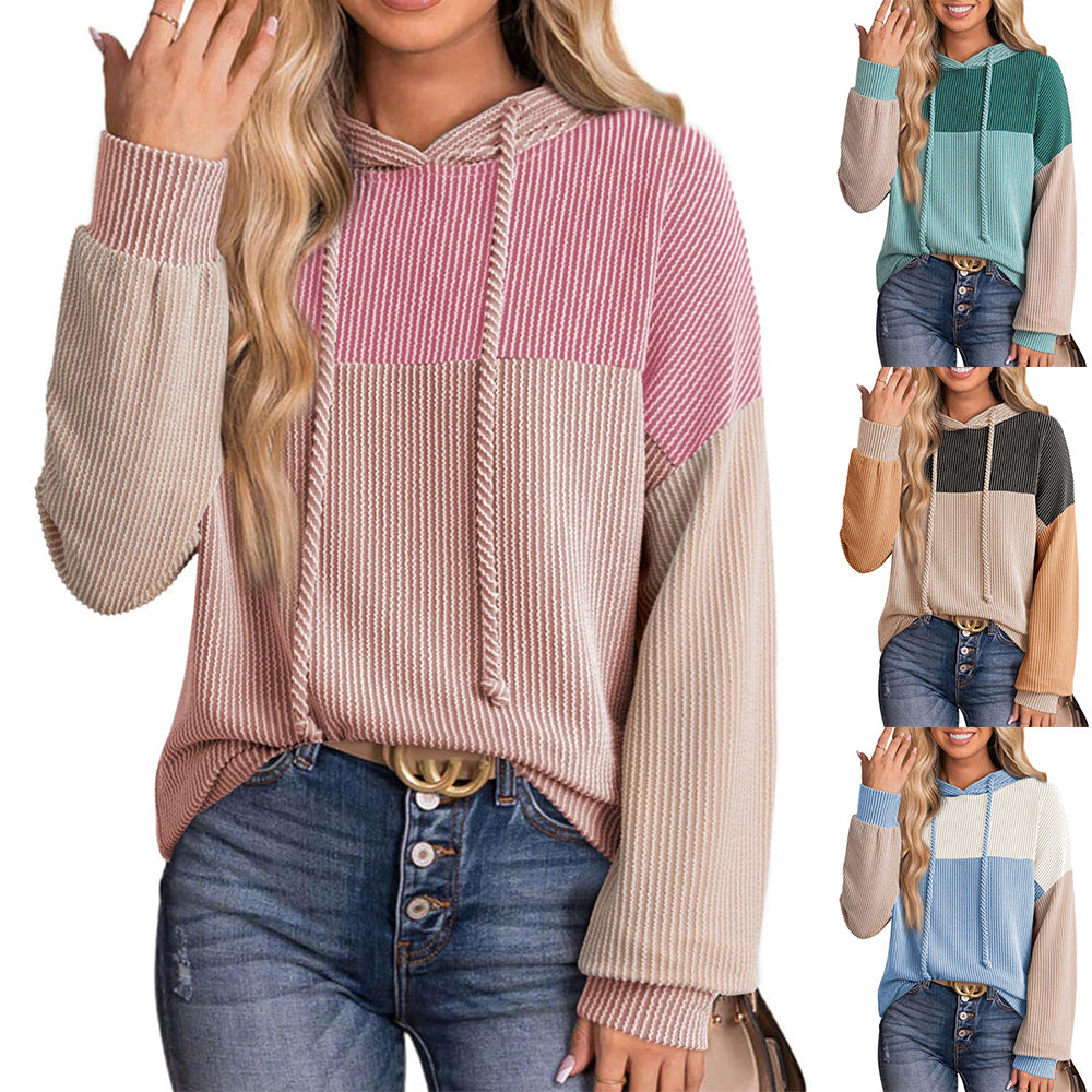 Colorblock Knit Hoodie Pullover Casual Loose Fit Sweatshirt