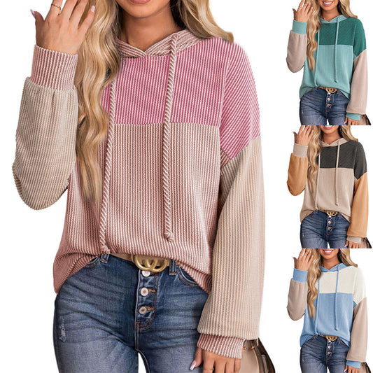Colorblock Knit Hoodie Pullover Casual Loose Fit Sweatshirt