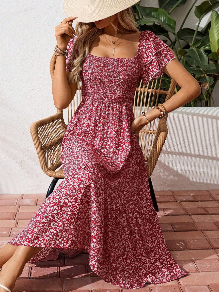 2026 Summer Square Neck Floral Dress for Women, Smocked