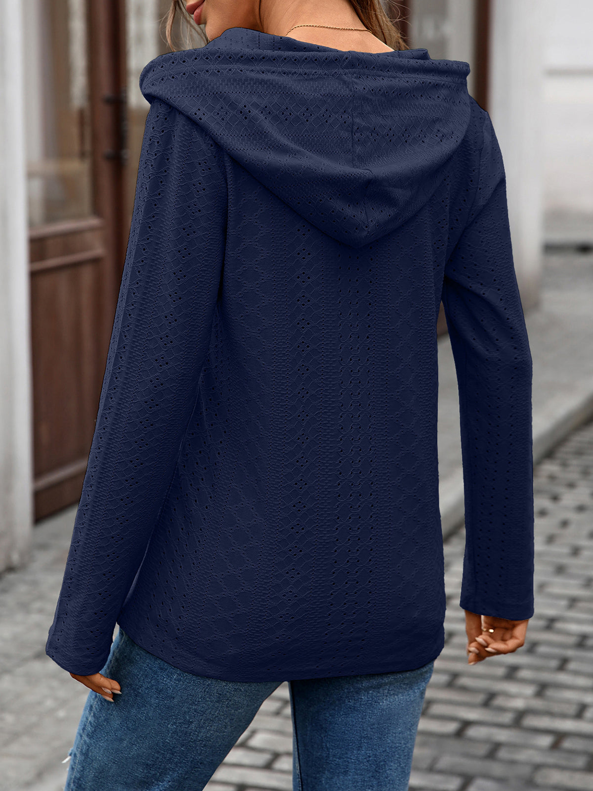 Women's Eyelet Hooded Henley Long Sleeve Loose Tunic Top