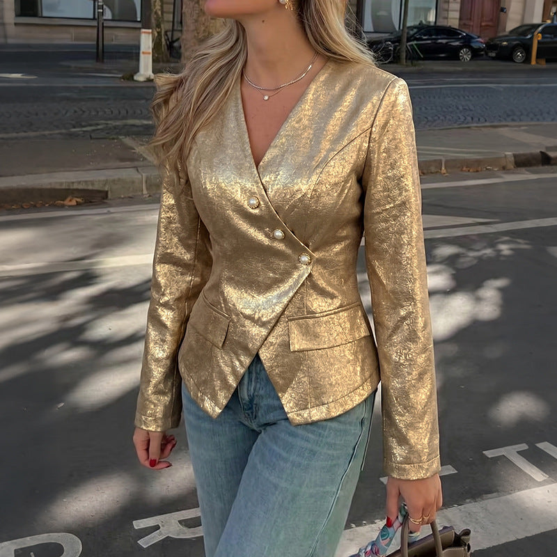 Gold V Neck Blazer Jacket Slim Fit Vintage Chic Outerwear