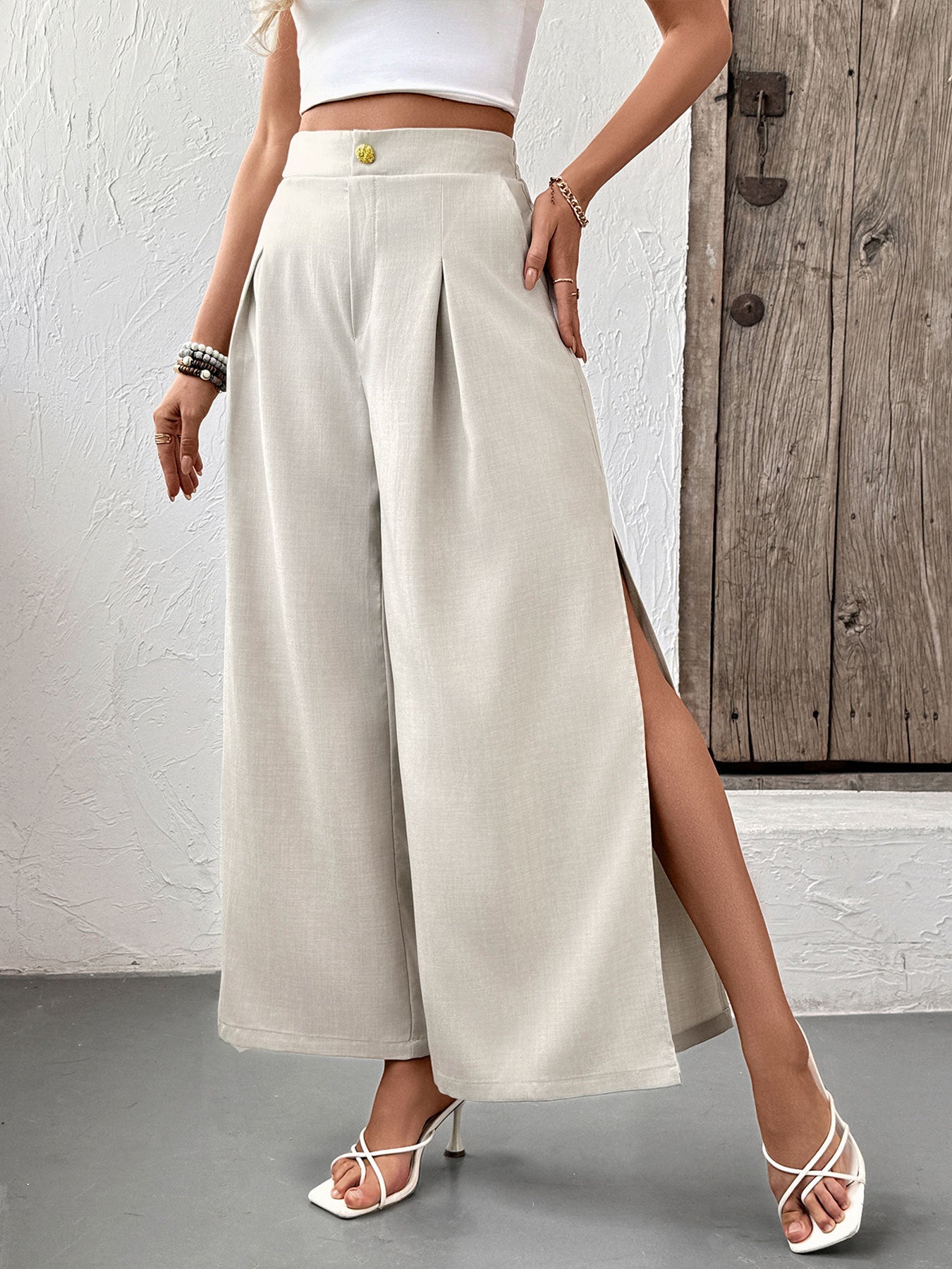 Elegant Gray Tailored Wide Leg Summer Pants