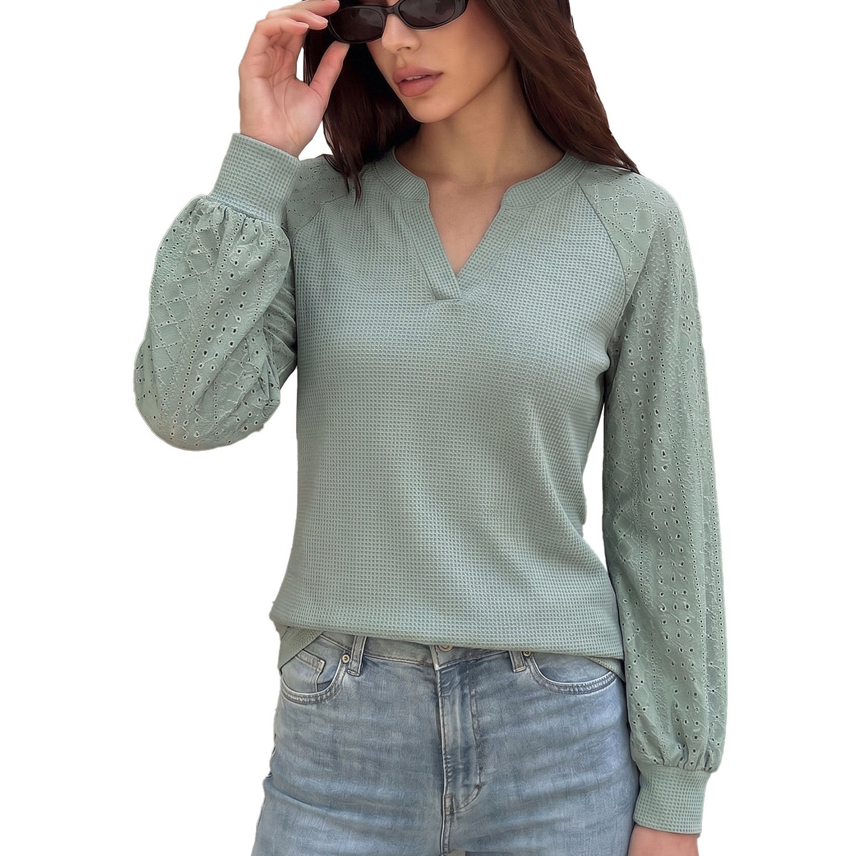 Waffle Knit V-Neck Eyelet Balloon Sleeve Casual Top