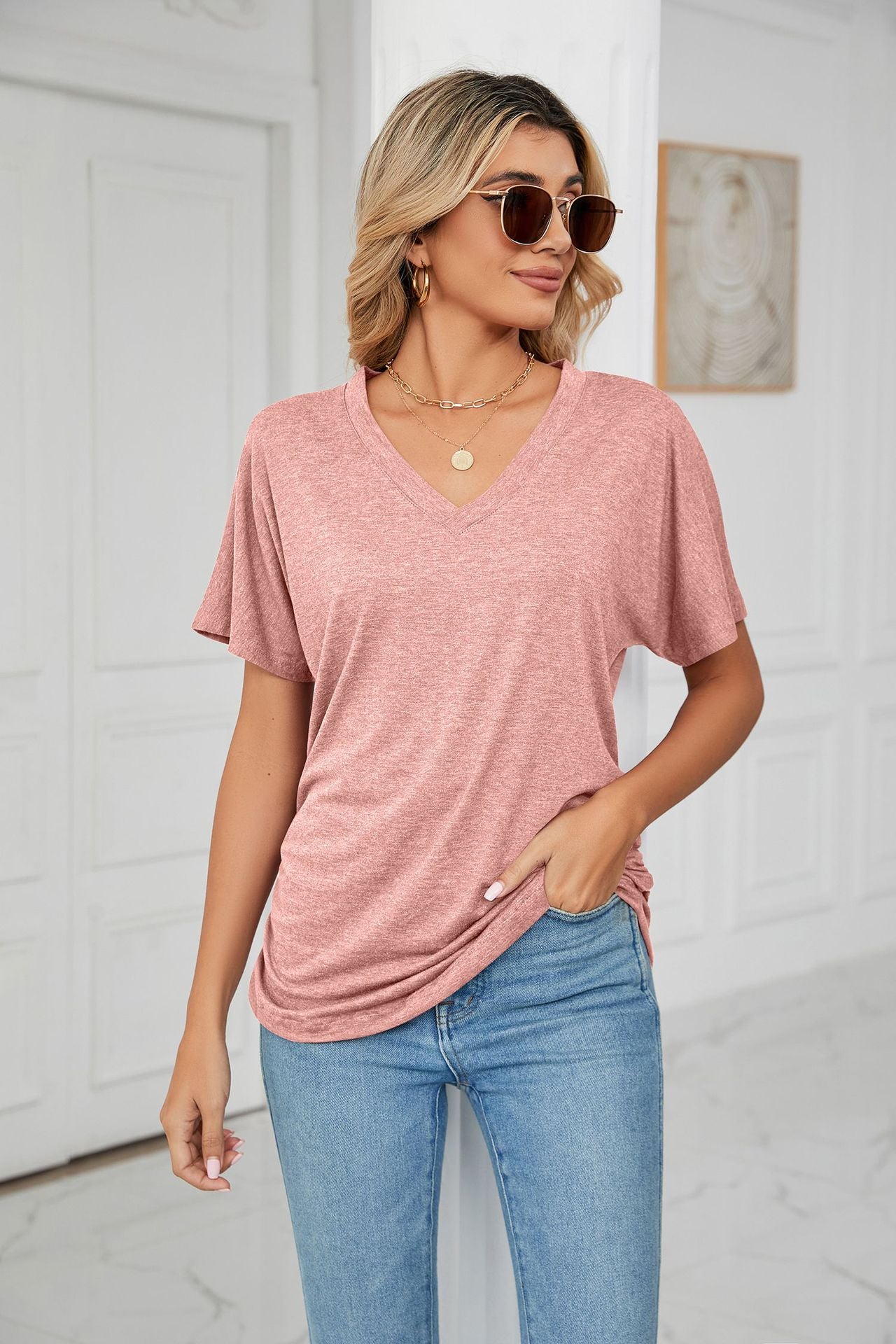 Basic V Neck Short Sleeve T Shirt Women Soft Loose Fit Casual Everyday Essential Top