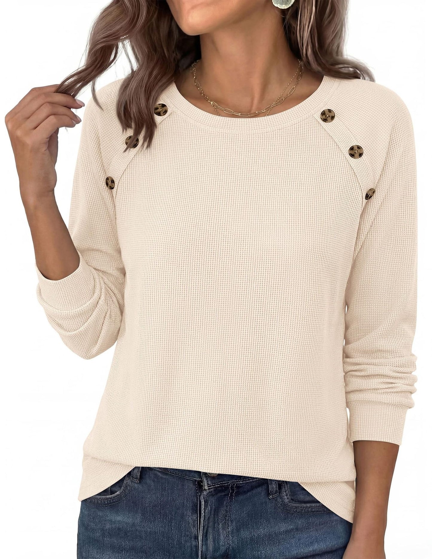 Waffle Knit Button Detail Top Long Sleeve Casual Pullover