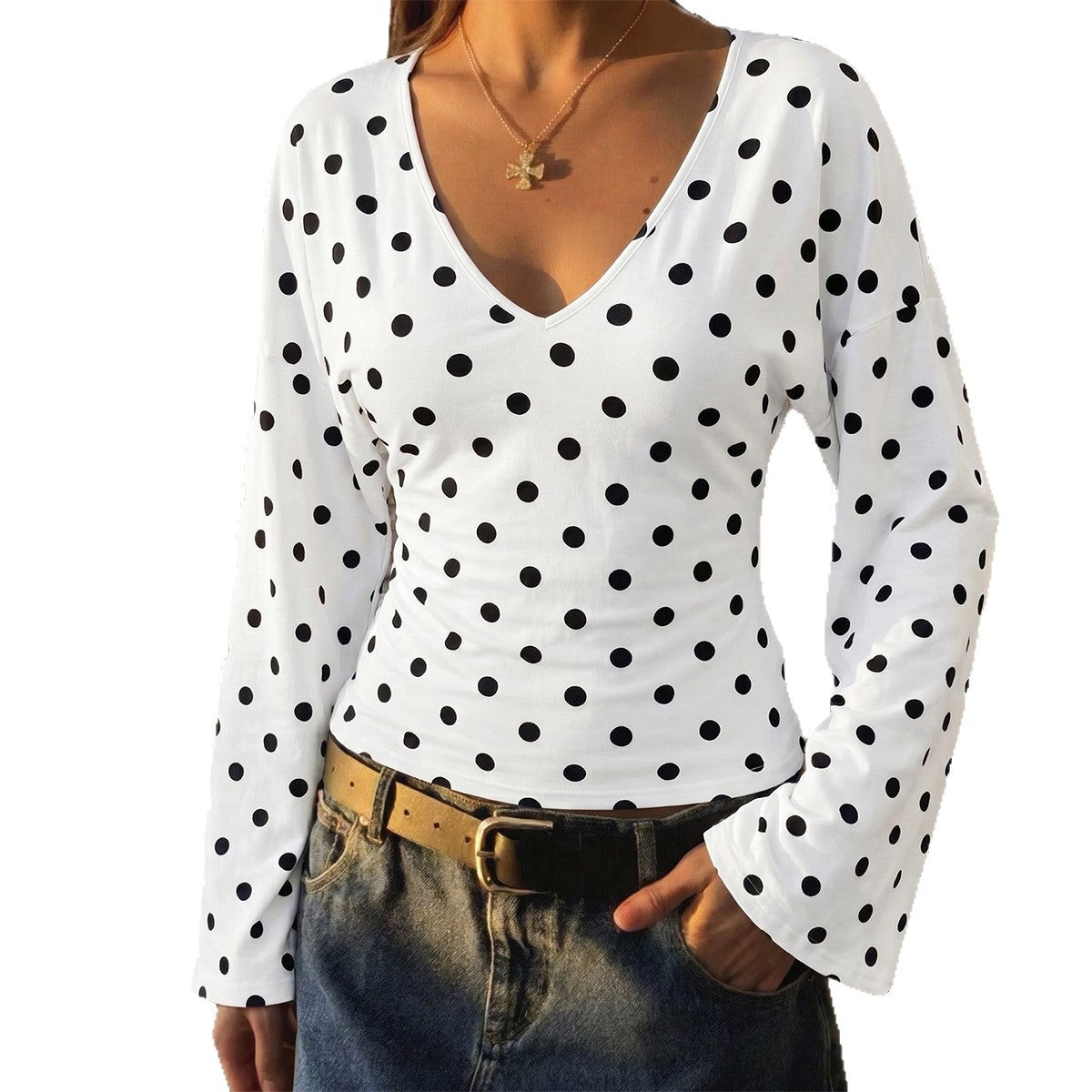 Women's Polka Dot Wrap V Neck Flare Sleeve Blouse