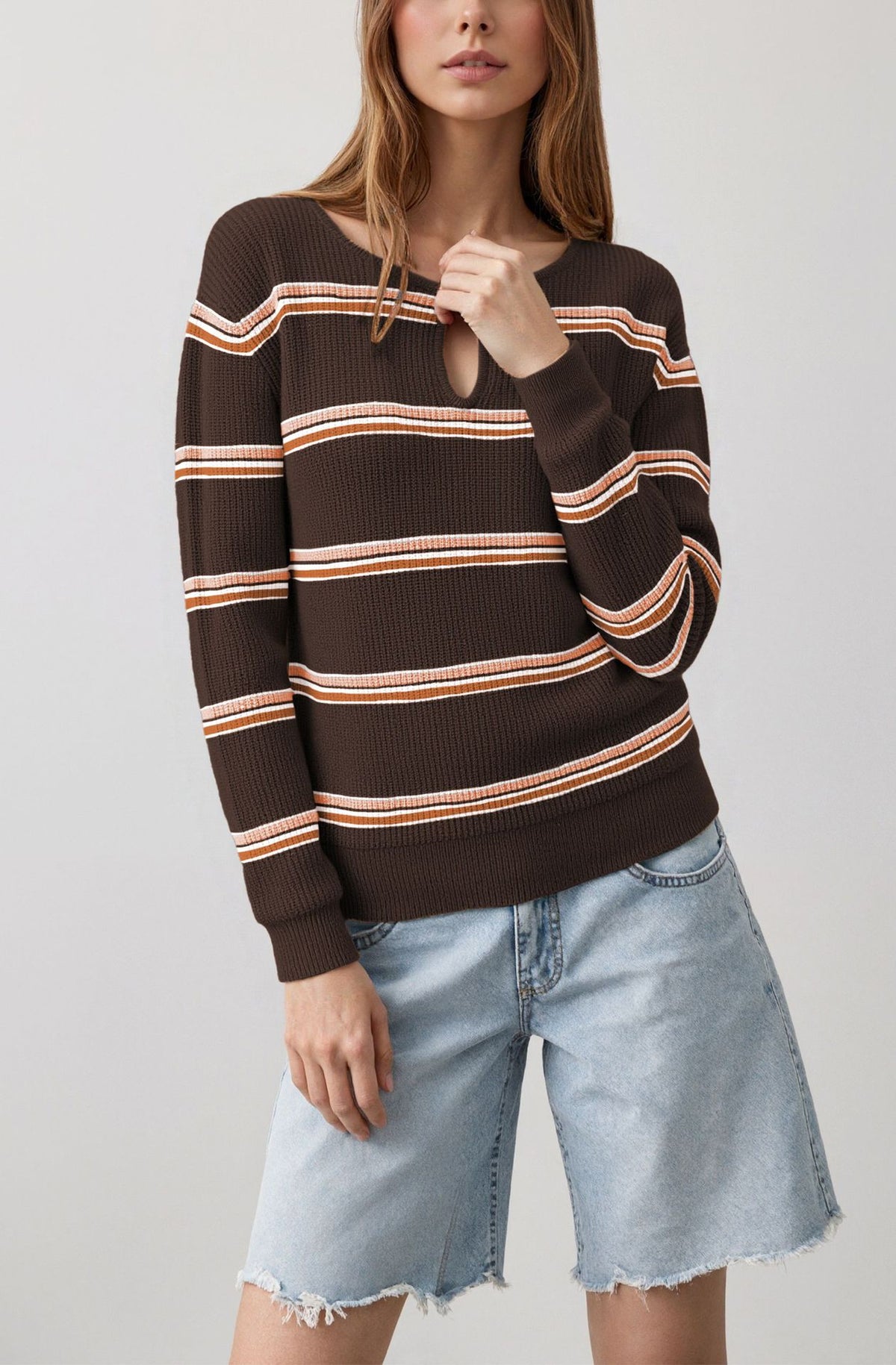 Women's Striped Keyhole Crew Neck Knit Sweater