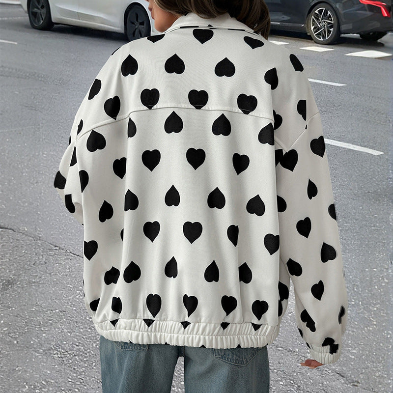 Sweet Heart Print Zip-Up Jacket for Casual Street Style
