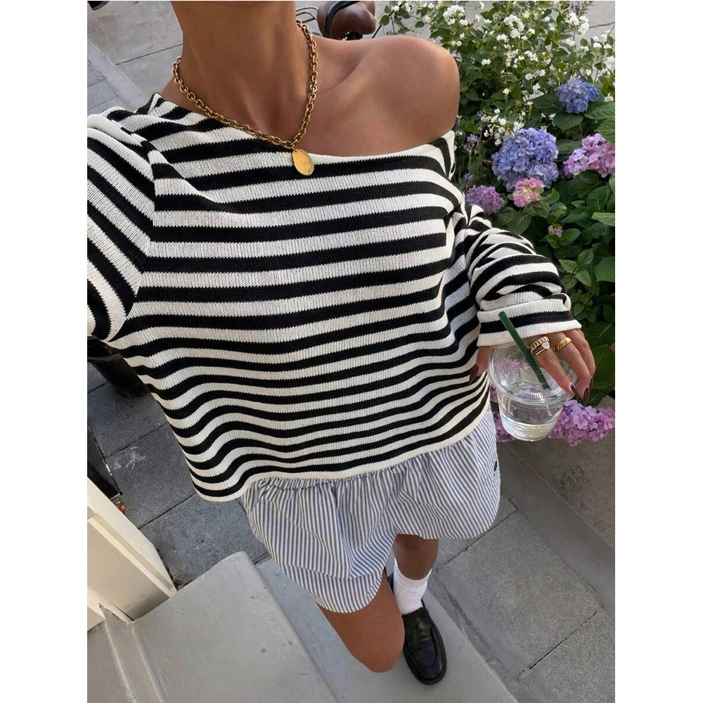 Striped Off Shoulder Long Sleeve Knit Top