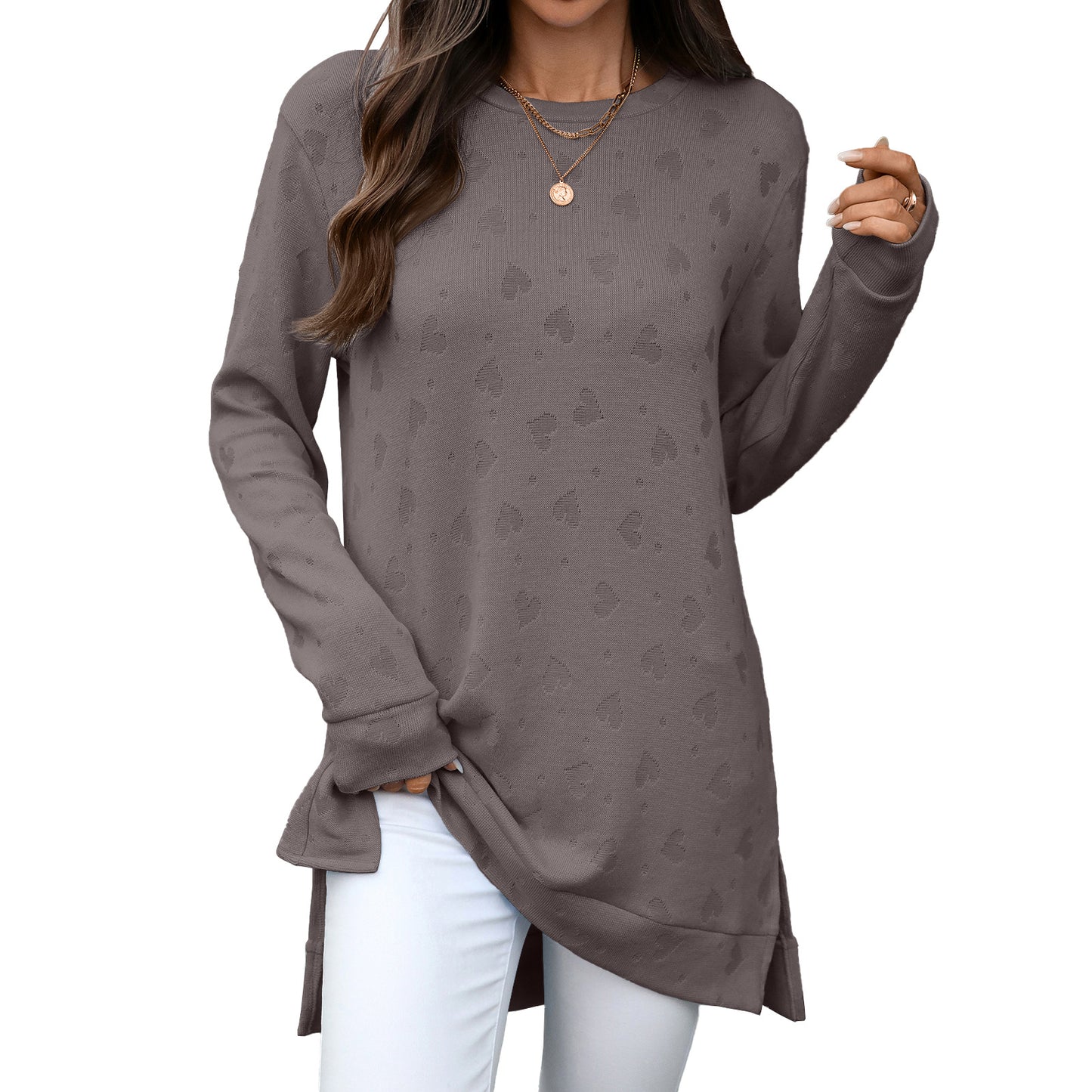 Oversized Crew Neck Long Sleeve Side Slit Knit Tunic Top