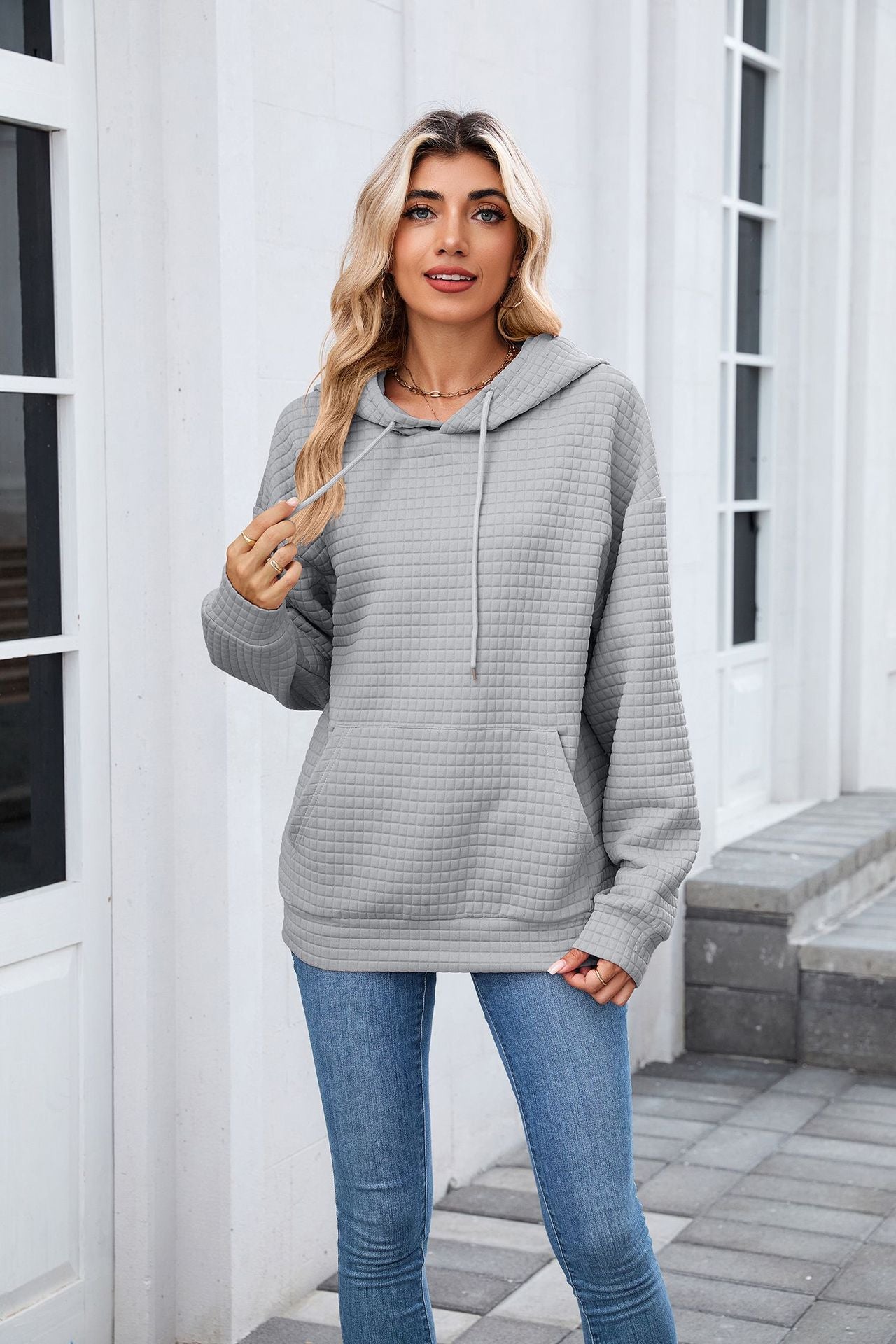 Waffle Knit Hoodie | Oversized Pullover with Kangaroo Pocket