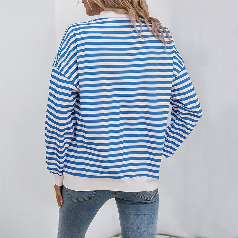 Striped Polyester Sweatshirt Casual Quarter Zip Oversized