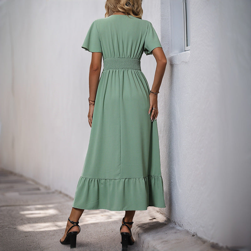 Green V Neck Flutter Sleeve Summer Midi Dress Casual Style