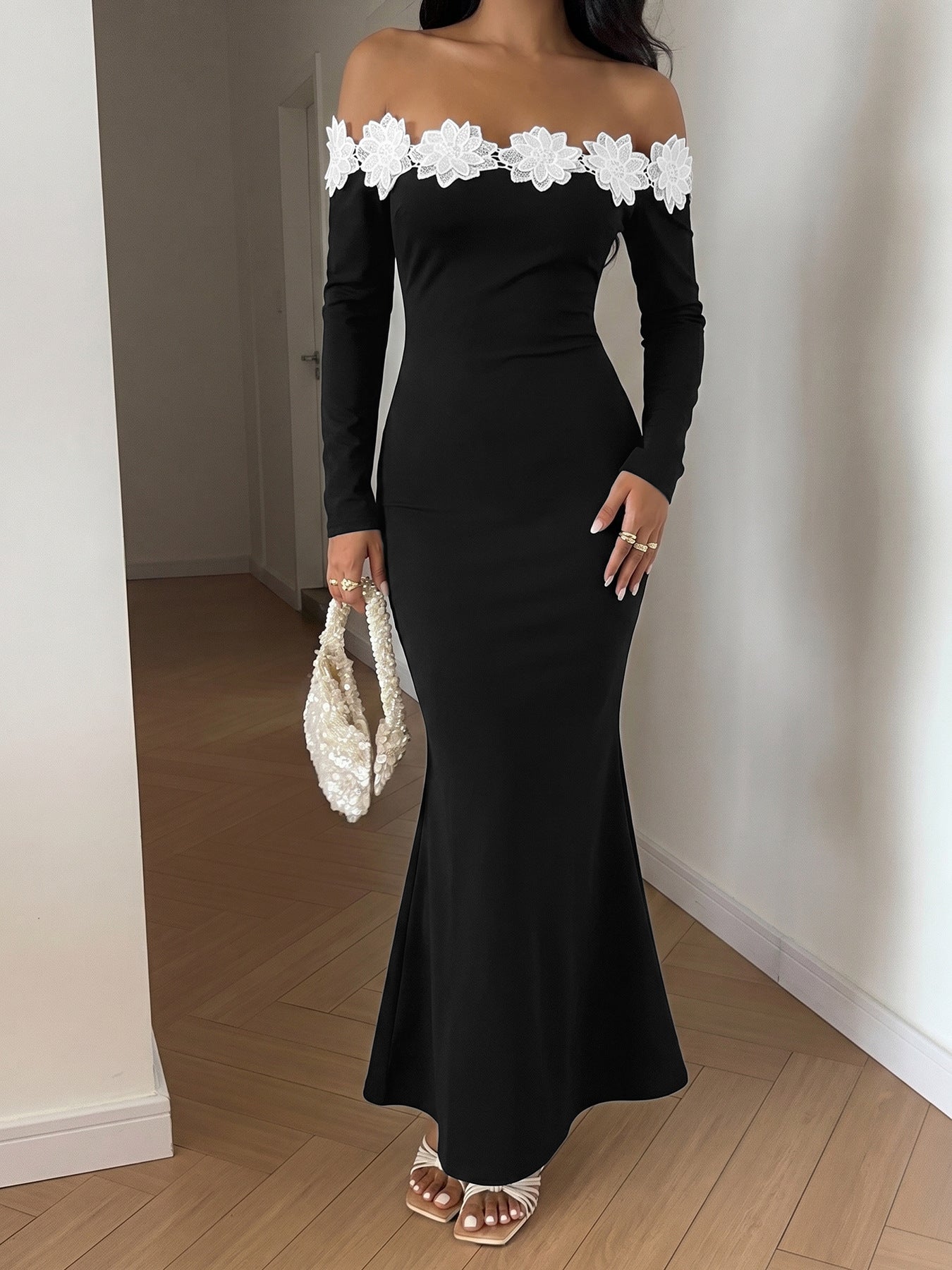 Floral Applique Off Shoulder Mermaid Maxi Dress