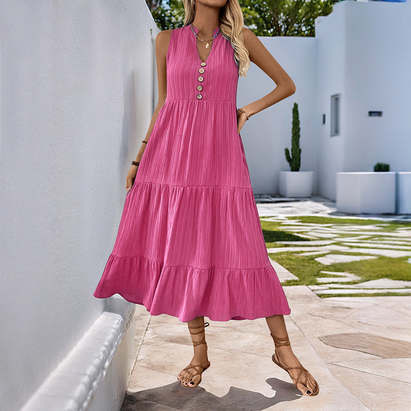 Solid Crinkle Dress Casual V Neck Tiered
