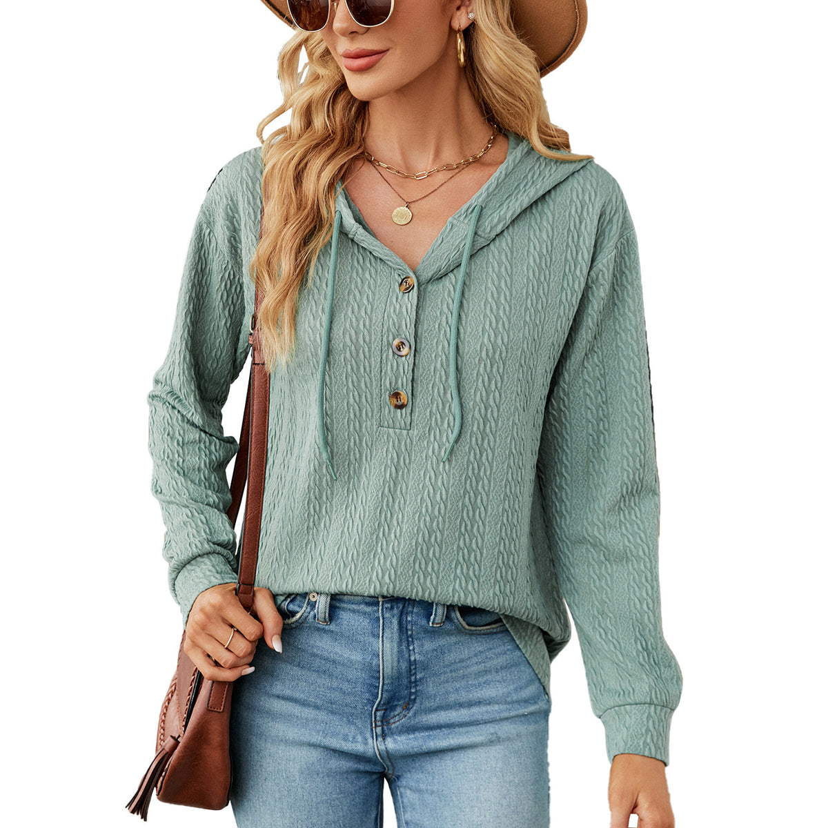 Women's Oversized Hooded Button V-Neck Long Sleeve Sweater