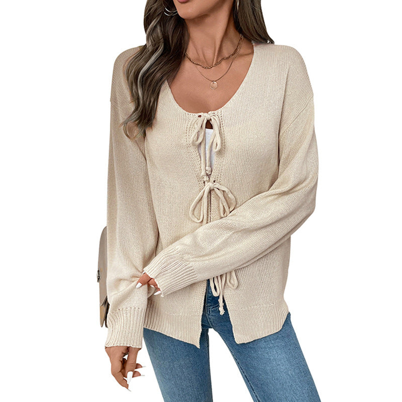 Tie Front Knit Cardigan Loose Fit Round Neck Sweater