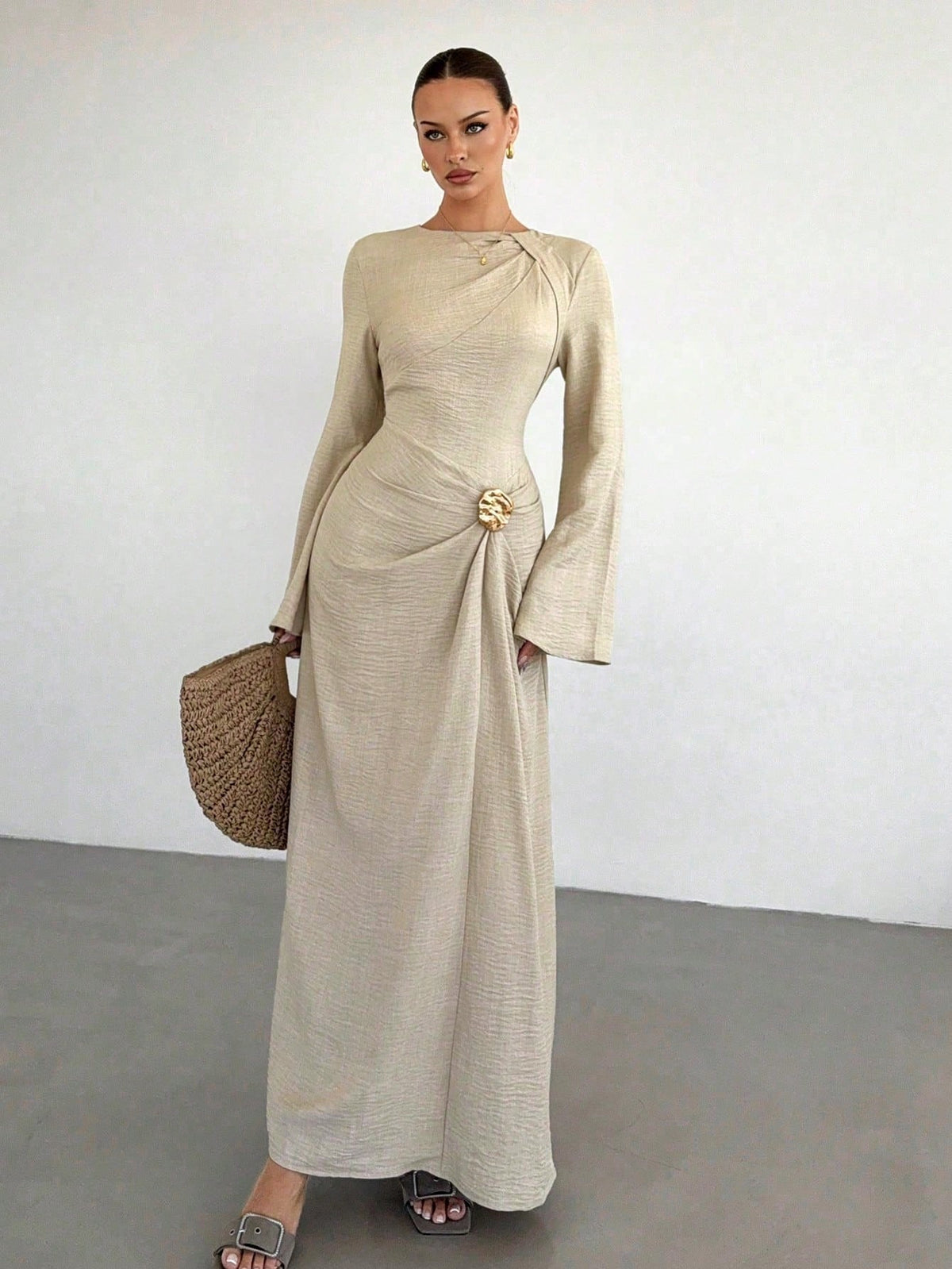Women's Bell Sleeve Ruched Maxi Dress Gold Button