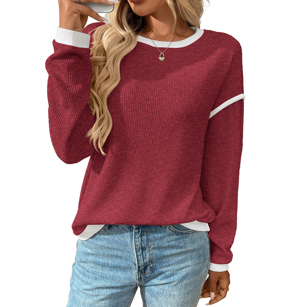 Colorblock Crewneck Knit Look Long Sleeve Pullover Top