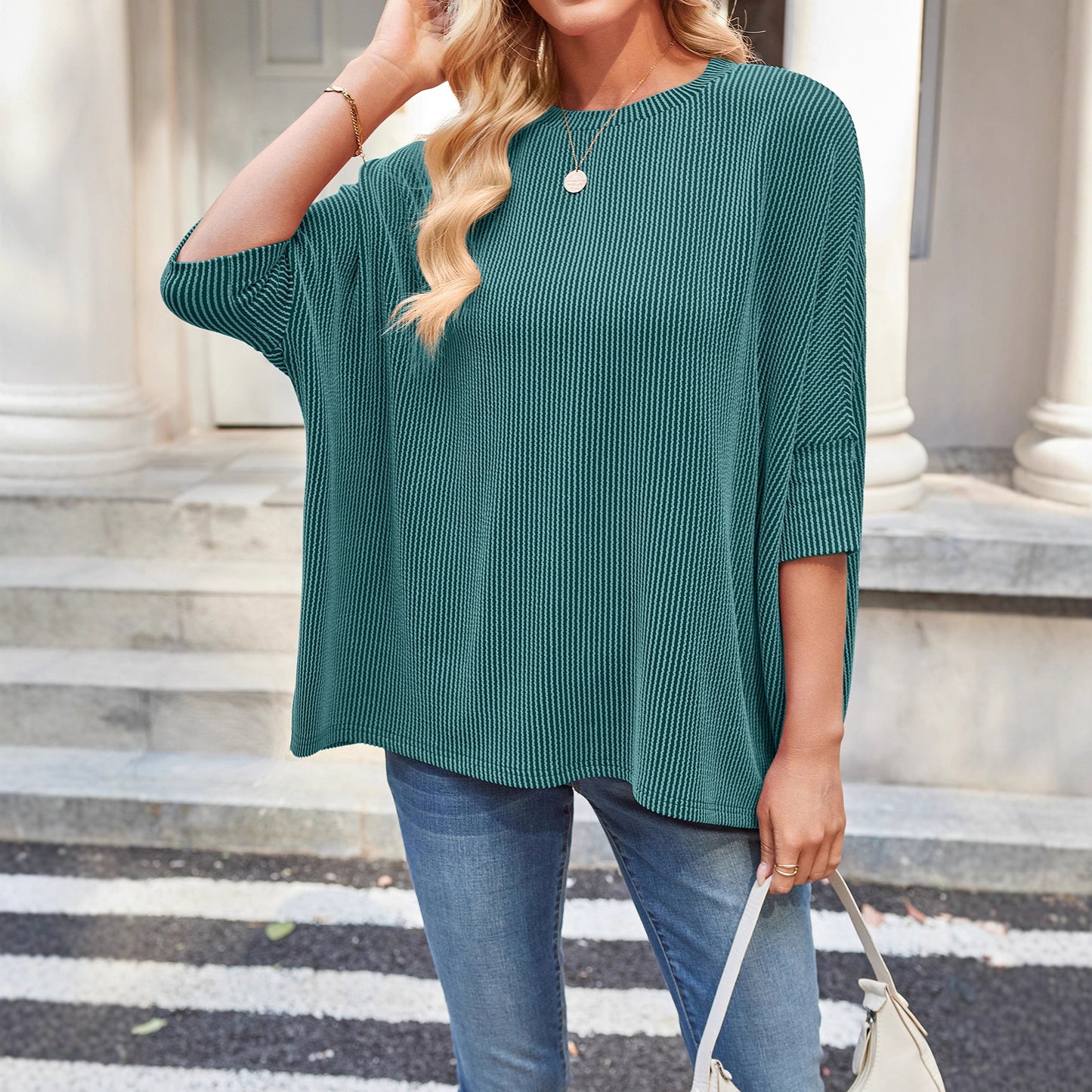 Ribbed Oversized Batwing Sleeve Crewneck Tee Top
