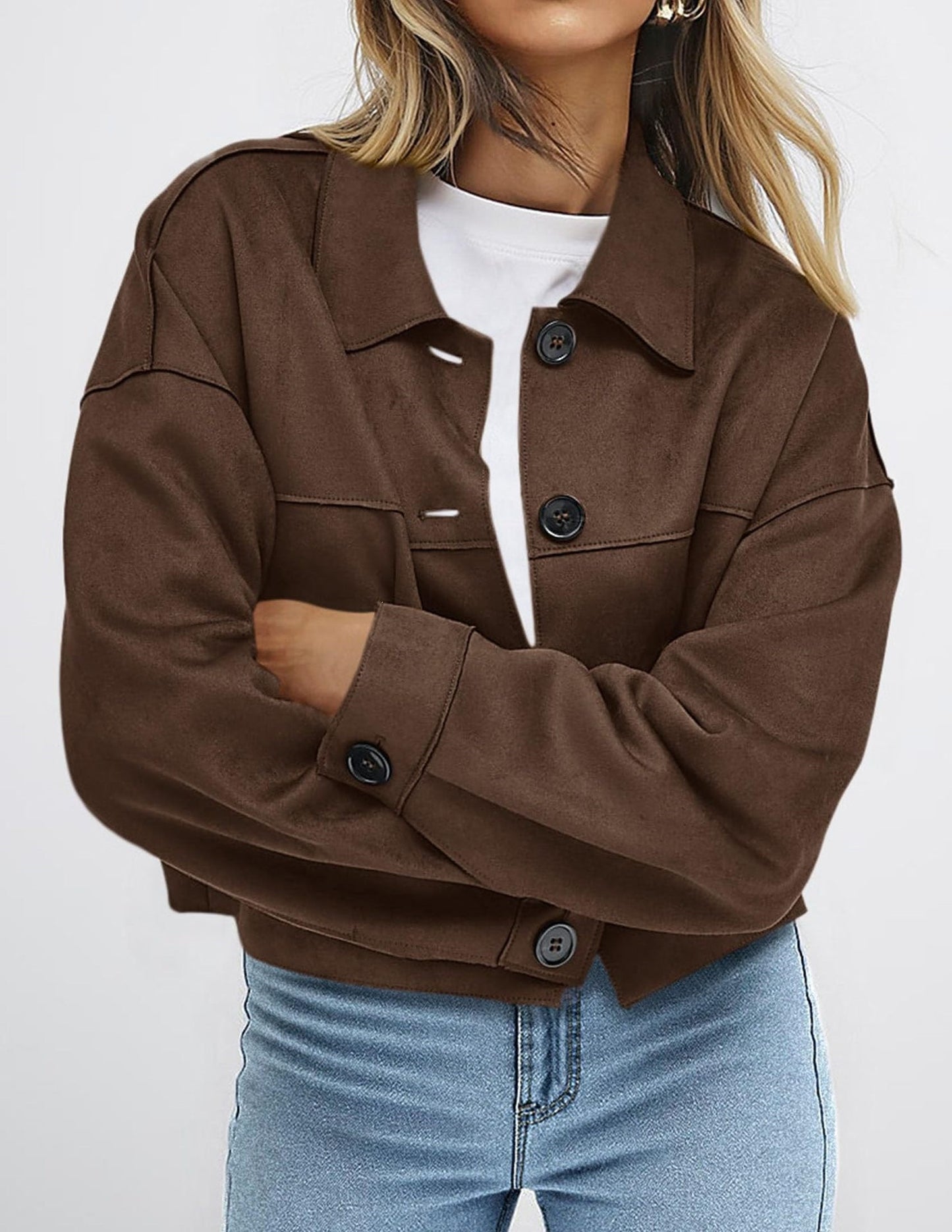 Solid Suede Jacket Western Cropped Button Front