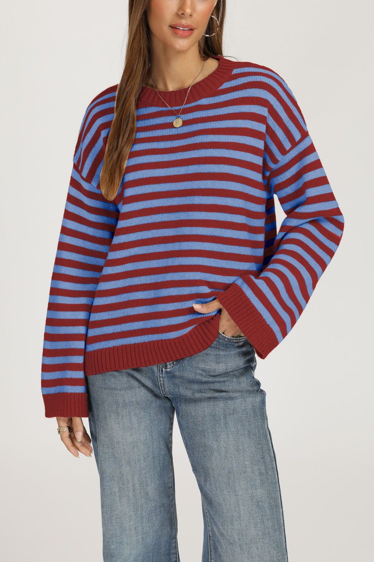 Women's Oversized Striped Crewneck Knit Sweater