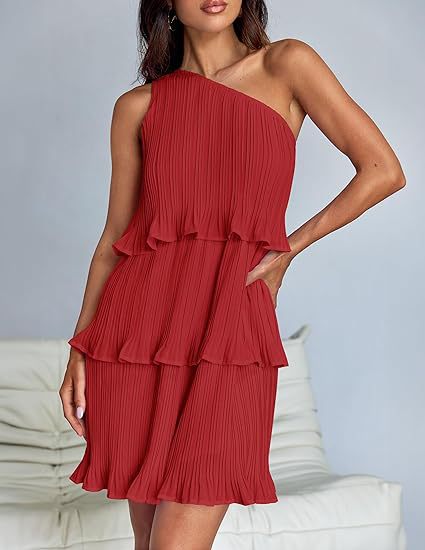 One Shoulder Tiered Pleated Ruffle Mini Dress for Summer