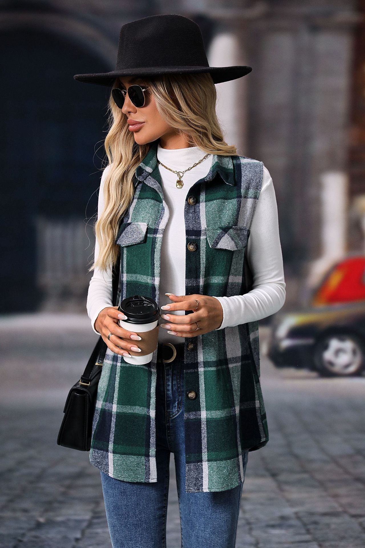 Plaid Shacket Vest with Pockets, Sleeveless Oversized