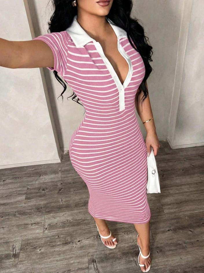 Striped Polo Collar Bodycon Midi Dress Short Sleeve Casual  Wear