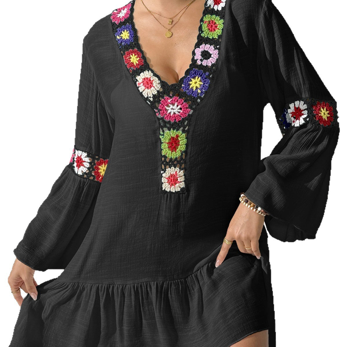 Boho Crochet Trim V Neck Bell Sleeve Ruffle Dress