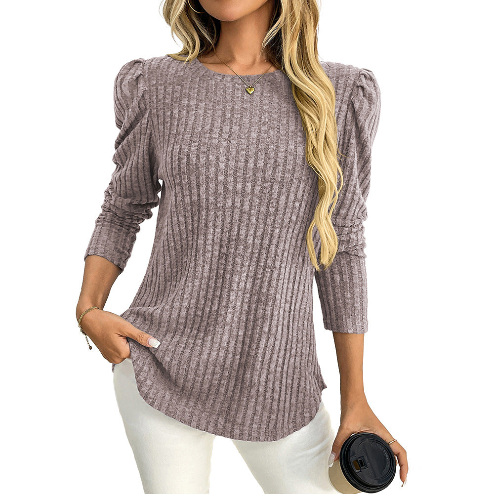 Women’s Long Sleeve Ribbed Top Puff Sleeve Crew Neck Tee