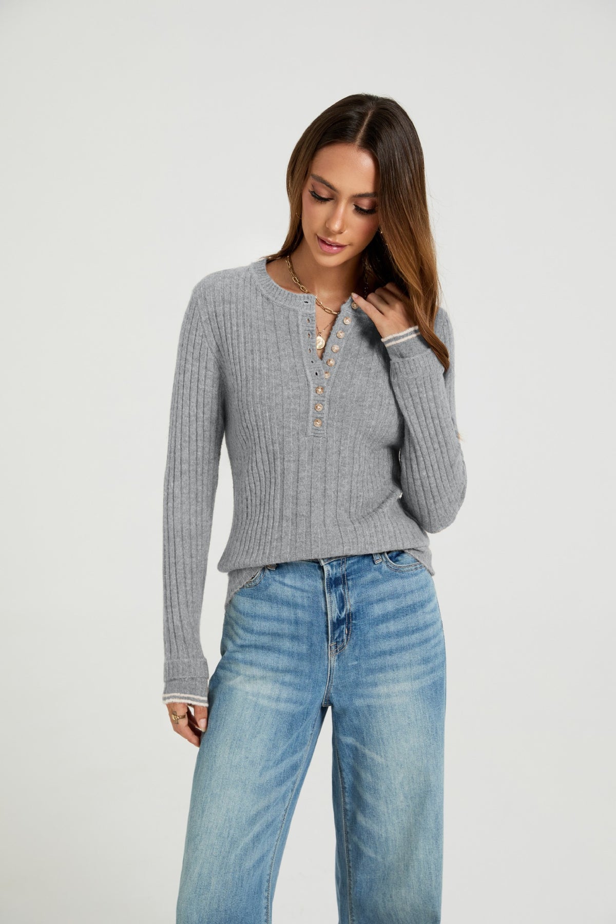 Women's Ribbed Henley Sweater Long Sleeve Fitted Top