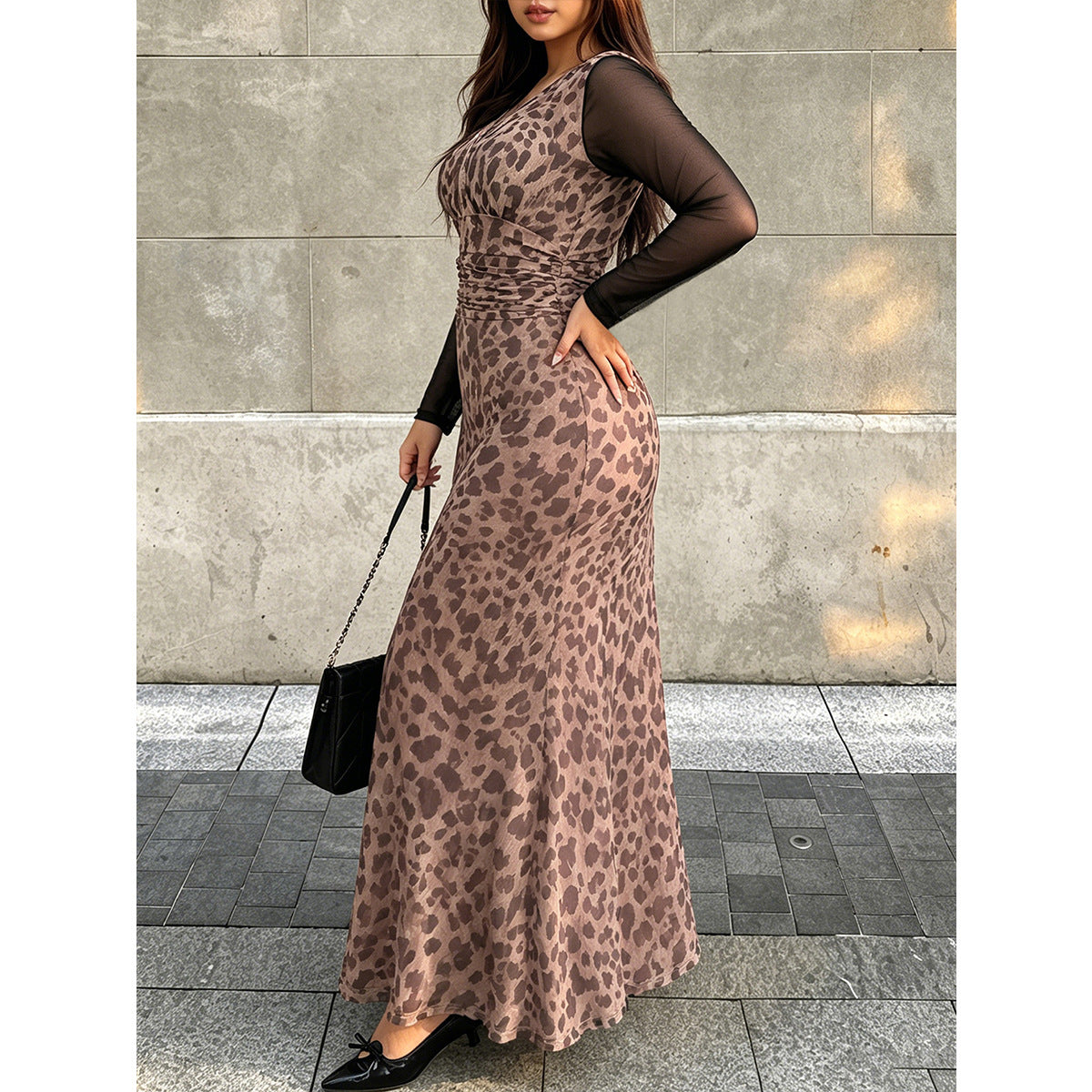 Plus Size Leopard Mesh Sleeve Maxi Dress