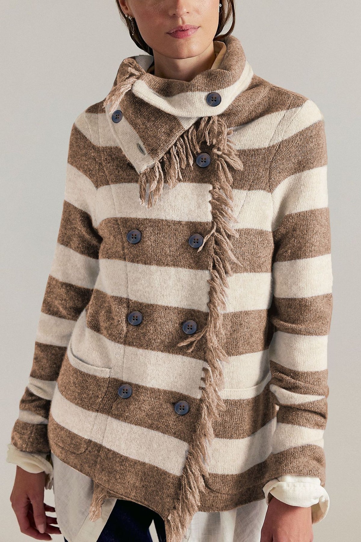 Oversized Striped Fringe Turtleneck Cardigan Sweater