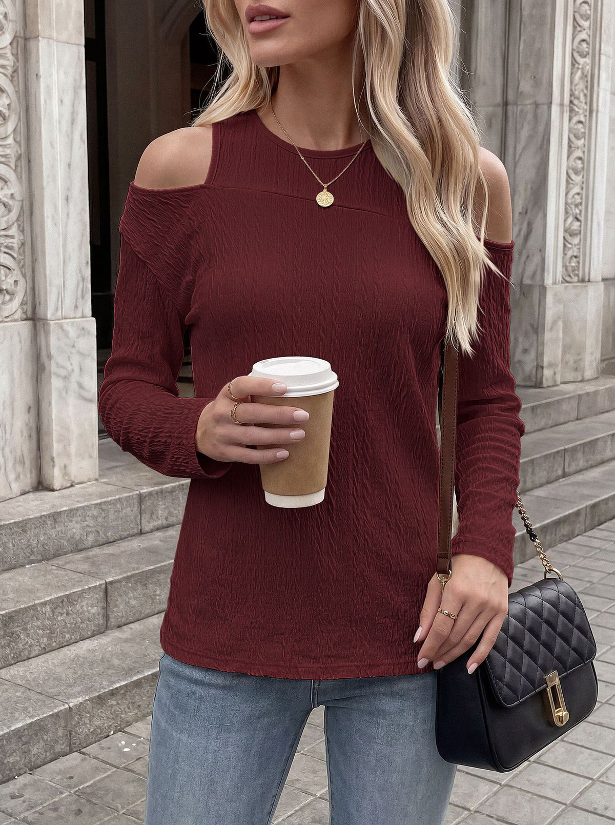 Women's Cold Shoulder Long Sleeve Tunic Top Textured Loose