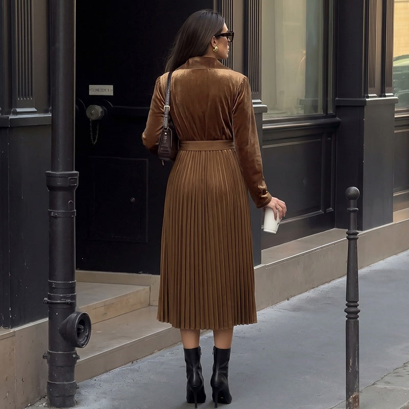Velvet Pleated Midi Dress Long Sleeve Belted Lapel