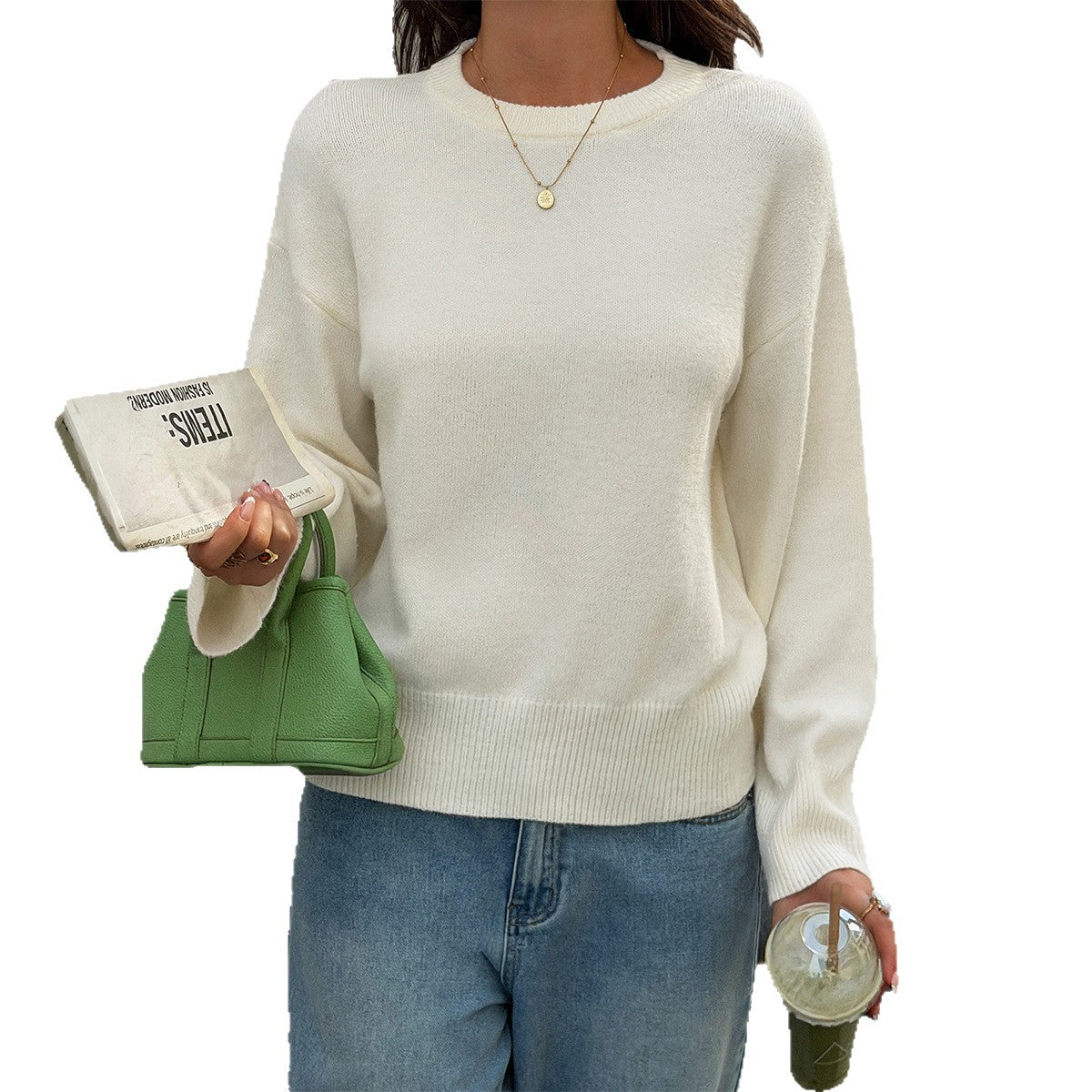 Women's Oversized Cropped Crew Neck Knit Sweater